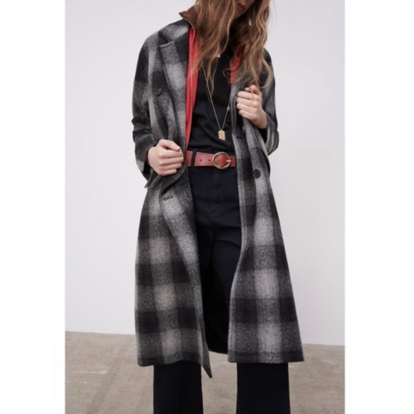 L Zara Plaid Double Breasted 100% Wool Long Coat Black Gray